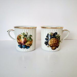 Vintage CZECHOSLOVAKIA PORCELAIN Collector Gold Rim Ribbed Mugs w/ Fruit Motifs